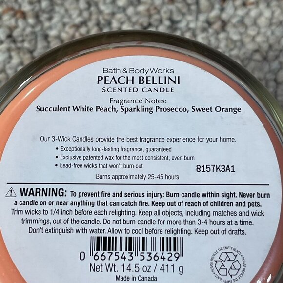 Bath and Body Works 3-Wick Scented Candle in Peach Bellini 14.5 Ounces - Picture 7 of 9